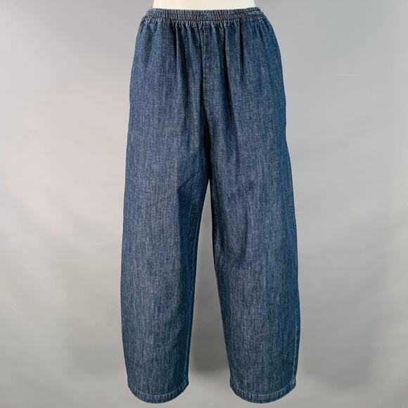ESKANDAR Navy Indigo Cotton High Waisted Tapered Elastic Waistband Casual Pants - Picture 1 of 5